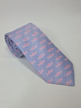 Collared Greens Kids Blue Silk Made In USA Tie W/ Pink Fish Print 2.75x49"